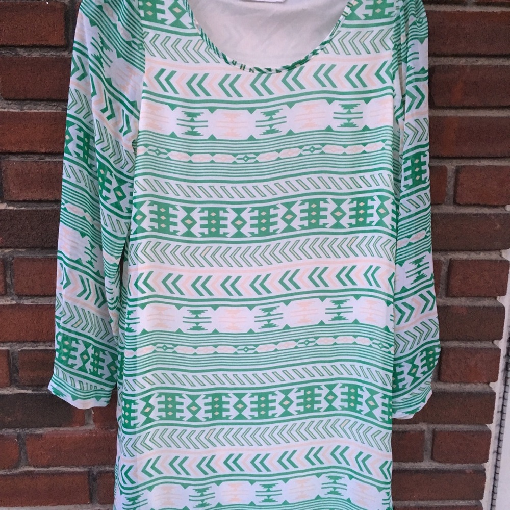 Peach Love California Dress Sz S Lined Aztec Green Long Sleeves Made in USA